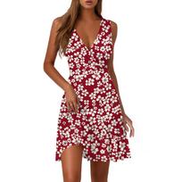 Women's Sleeveless Floral Print Summer Dress, V-Neck Casual Sundress for Beach, Party, Vacation Red, Size Options XL