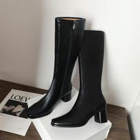 Retro but knee women's boots new black real soft leather side zipper square head medium thick heel long tube boots 35