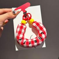 Grid Embroidered Cotton Filled Fabric Phone Wrist Strap Anti Lost Portable Accessory 1PCS raudona