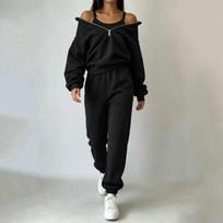 Women's Half Zip Mock Neck Long Sleeve Sweatshirt 2 Piece Outfit Set L
