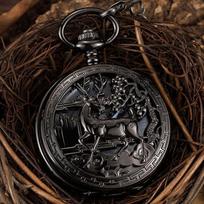 Vintage Bronze Deer Mechanical Pocket Watch Men Steampunk Hollow Unisex Skeleton Fob Hand Watch Chain Necklace Black Watch Gift juoda