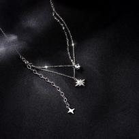 Trendy Fine Jewelry 925 Sterling Silver Shiny Cross Square Hexagram Pendant Necklace Double-layer Tassel Chain for Women 40+6cm