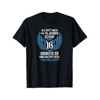 Funny 16th Birthday German Quote T-Shirt - Als Gott Mich Vor 16 Jahren Schuf Saying - Black with White & Blue Print - German Text Birthday Party S