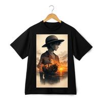Luffy Sunset T-Shirt - One Piece Anime Pirate Ship Crew Graphic Unisex Tee 2XL