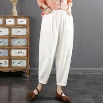 Cotton and Linen Bloomers Pants Literary Lace Stitching Embroidered Harem Pants Women's Nine-point Pants Summer Loose Casual Pants M balta