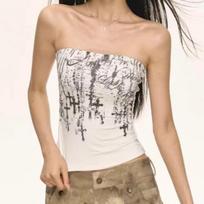 Women's Summer White Cross Print Strapless Tube Crop Top S