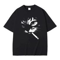 Funny Cool Cat Smoking T Shirt Vintage Black and White Cat Graphic Short Sleeve Casual Top Edgy Streetwear Cat Lover Gift Black S