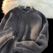 American High Street Ripped Edge Long-sleeved Sweater for Men, Trendy, Sweet and Cool Design, Niche Couple Style, Loose and Versatile Sweater S