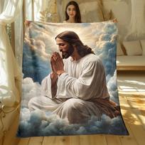 Jesus Christ Praying on Clouds Religious Art Fleece Blanket Christian Faith Gift Inspirational Home Decor Soft Cozy Throw Cover 75x90cm