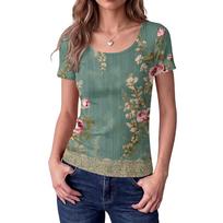 Women's Square Neck Short Sleeve Top with Retro Floral Print, Slim Fit Blouse for Casual Wear L