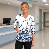 Women's V-Neck Scrub Top with Pockets, Floral Print, Three Quarter Sleeve L