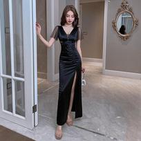 Women's V Neck Short Sleeve Maxi Dress Slim Fit Mid Waist Elegant Formal Satin Evening Gown Ruched High Slit Party Dress S