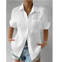 Women's Point Collar Short Sleeve Shirt Slim Fit Urban Textured Pocket Blouse Summer Office Daily Top S