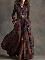 Women's Lapel Collar Long Sleeve Maxi Dress Slim Fit Mid Rise Vintage Plaid Irregular Hem Shirt Dress S