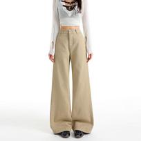 Early Spring Khaki High Waist Vintage Patchwork Slim Straight Wide Leg Denim Pants For Ladies Casual Pants Oversize Denim Trousers XS