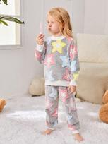 Little Girls Warm Fluffy Fleece Star Print Pajama Set Crew Neck Long Sleeve Top & Jogger Pants Cozy Winter Sleep Loungewear Outfit for Kids 4-7Y 4Y