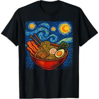 Starry Night Ramen Bowl Graphic Print Cotton Crew Neck T-Shirt for Men and Women S