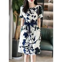 Women's Round Neck Short Sleeve Midi Dress Slim Fit High Waist Belted Ink Print A-Line Dress Casual Summer Elegant Fashion Dress M
