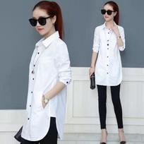 Women's Point Collar Long Sleeve Tunic Shirt Slim Fit Solid Color Mid Length Button Down Office Casual Blouse Top M