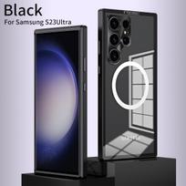 Aliuminio rėmas belaidžiam įkrovimui Aliuminio rėmo magnetinis dėklas, skirtas Samsung S22 Plus S23 Ultra Lens Glass Apsauginis HD skaidrus galinis skydelis Samsung S22