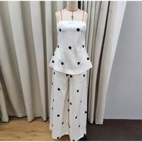 Polka Dot Print Women Tube Top Set Wide Leg High Waist Lady Pants Sets 2025 Summer Sleeveless Backless Pleat Split Female Suit S