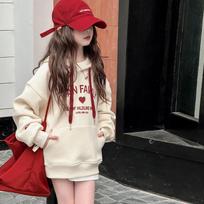 Girls' Casual Jacket Hooded Sweatshirt Autumn and Winter Style Heart Print Pullover Top 160