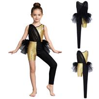 Girls Sparkly Sequins Jazz Dance Jumpsuit Color Block Asymmetrical Leotard Feather Tulle Skirted Bodysuit 5-6 Years geltona