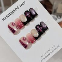 Handmade Press On Nails Pink to Black Gradient with 3D Flower & Cat Eye Design XS
