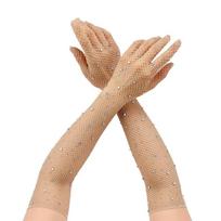 New Mesh Long Mittens Glitter Rhinestone Cosplay Fishnet Gloves Punk Hip Hop Photography Prop Performance Gloves Gift chaki