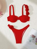 New Bikini European And American Bikini Steel Tray Solid Color Three-Dimensional Flower Split Women'S Swimsuit Swimsuit S