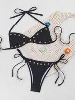 New European And American Style Black Lace-Up Bikini Split Swimsuit Female Slim Triangle Swimsuit S