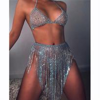 Rhinestone Blue Tassel Body Chains Bling Crystal Bikini Bra Panties Short Skirt for Women Waist Belt Chains Jewelry Sexy