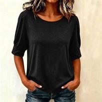 Women's Summer Round Neck Short Sleeve Button Down Top - Casual Blouse for Daily Wear L