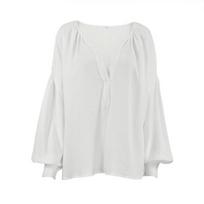 Fashion V-Neck Solid Color Blouses Women Loose Fit Lantern Sleeve Tops Casual Cotton Crepe Shirt Spring Autumn Commute Harajuku Style S