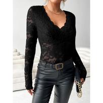 Women's Elegant V-neck Scalloped Neck Edge Solid Color Long Sleeve Slim Slim Pullover Lace Top S
