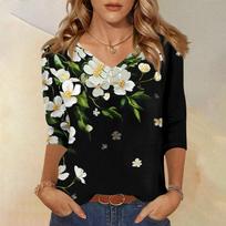 Women's Floral Print Blouse - Three-Quarter Sleeve V-Neck Loose Fit Casual Shirt, Small Floral Pattern Tunic Top L