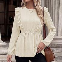 Women's Color Round Neck Lace Trim Long Sleeve T Shirt Loose Fit L