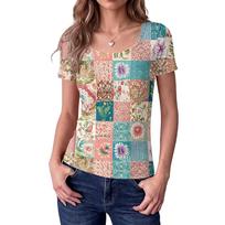 Women's Square Neck Short Sleeve Top with Retro Floral Print, Slim Fit Blouse for Casual Wear L