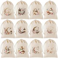 12 piece/set Reusable Eid Al Fitr Cotton Bags Festival Decorative Holiday Candy Storage Bag with Drawstring Gift Packaging Bags 3.94x4.72 in