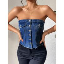 Women's Strapless Sleeveless Denim Tube Top Slim Fit Streetwear Solid Color Button Front Crop Top For Summer Club Daily Outfit XS