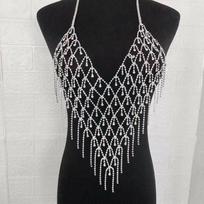 Sexy Mesh Tassel Bikini Style Rhinestones Bra and Underwear One Piece Set Nightclub Body Chain Crop Top Y2K