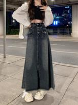 Plus Size High Waist Raw Edge Denim A-Line Skirt for Autumn/Winter - Retro Design 3XL