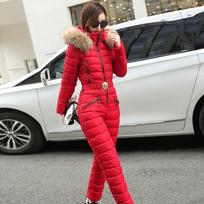 Women's One-piece Ski Suit Cotton-padded Down Lined Warm Thickened Outdoor Snow Sports Outfit L raudona