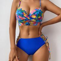 Women's Tropical Floral Push Up Bikini Set Black High Waist Tie Side Swimsuit S