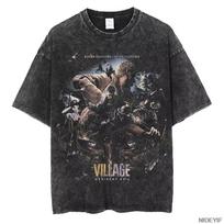 2026 Resident Evil Village Dydelis T-shirt 100% Medvilnė Vintage Skalbtas T-shirt Vyrams Moterims Madinga Marškinėliai Hip Hop Gatvės Apranga Viršus L black