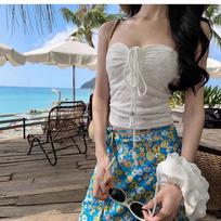 Seaside vacation style suit French drawstring tube top top women's summer blue floral skirt two-piece set S