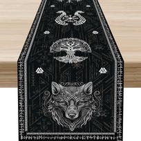 Norse Viking Raven Print Linen Table Runner Holiday Party Decor Mythology Tree of Life Animal Table Runners Kitchen Table Decor 150x33cm beige