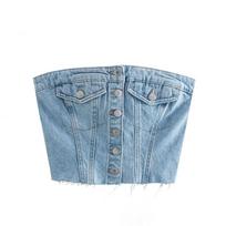 Women's Strapless Tube Top Slim Button Front Crop Denim Bustier Solid Light Wash Non Stretch Y2K Summer Streetwear Sexy Camisole XS