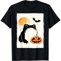 Sad Frog Halloween Pumpkin Graphic Tee Funny Japan Art Short Sleeve Casual T-Shirt S