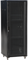 27U serverio spinta 600x1000, stiklinės priekinės durys, perforuotos plieninės galinės durys, spyna, 4 laikančiosios sijos, 4 reguliuojamos kojelės, savarankiškam surinkimui, juodas Q-LANTEC
